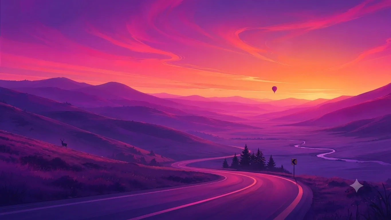 omarchy's default wallpaper: a road winding through violet sunset hills, a hot-air balloon drifting over the valley.